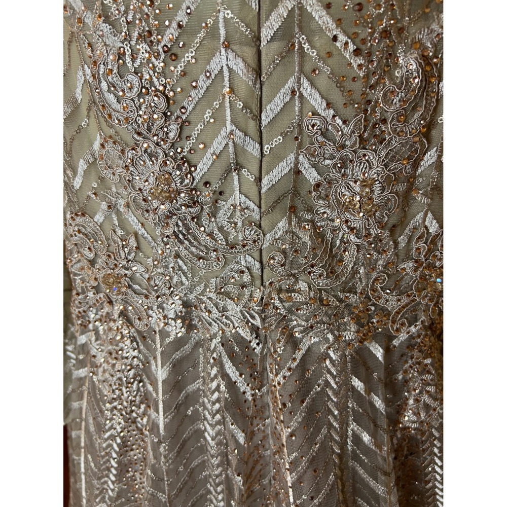 Mac Duggal Chevron Sequin Lace Long Sleeve Gown Taupe Gold Formal A Line size 16 - Picture 16 of 16